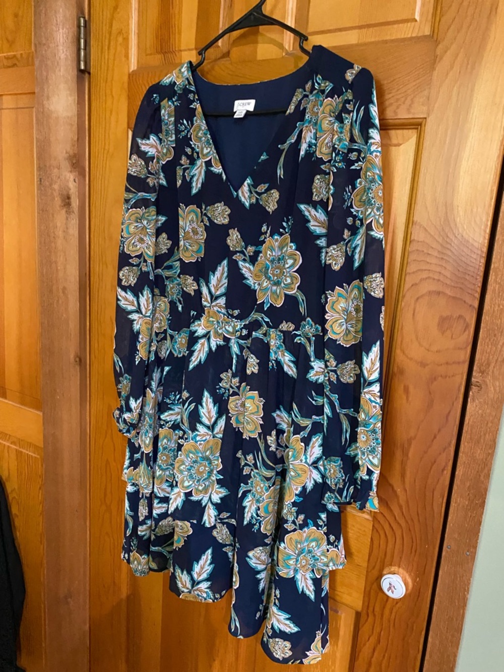 J. Crew Navy Floral V-Neck Long Sleeve Dress
